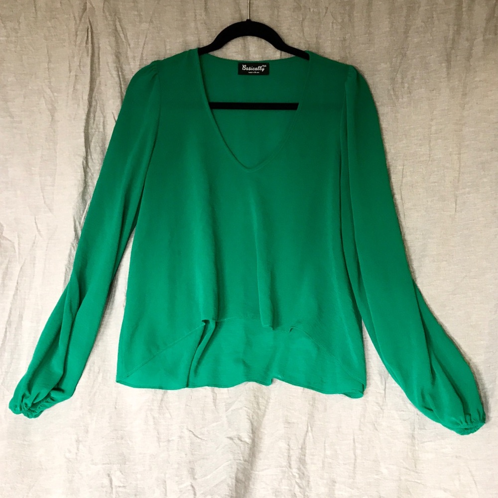 Balloon Sleeve Sheer Green Blouse